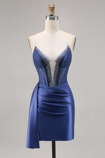 Navy Satin Beaded Corset Homecoming Dress with Sash
